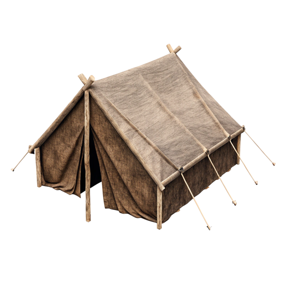 A 3D Render of an Ancient or Medieval Style Tent Made of Brown Canvas and Wooden Poles png