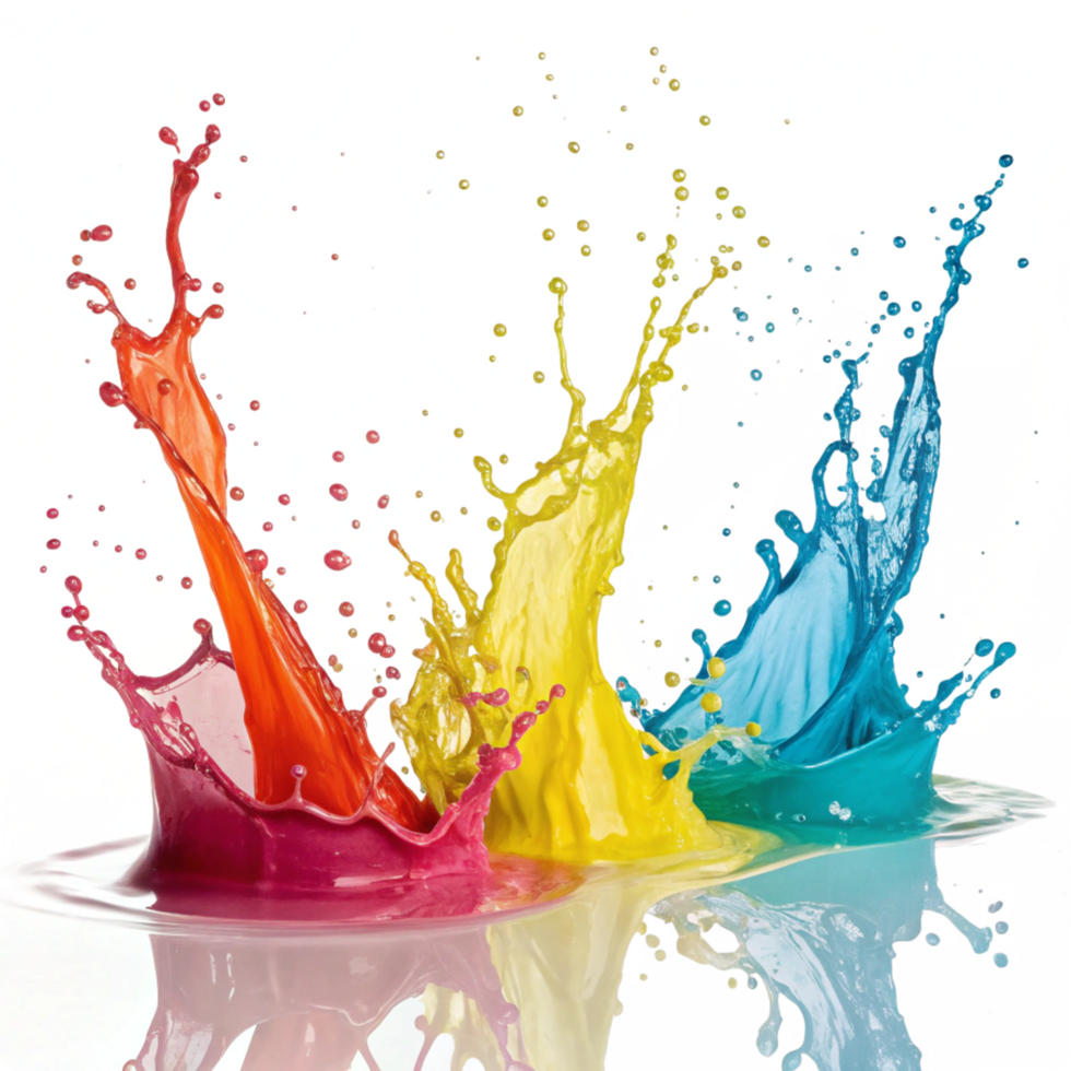 Vibrant CMYK Paint Splashes in Dynamic Action A Colorful Explosion of Creativity png