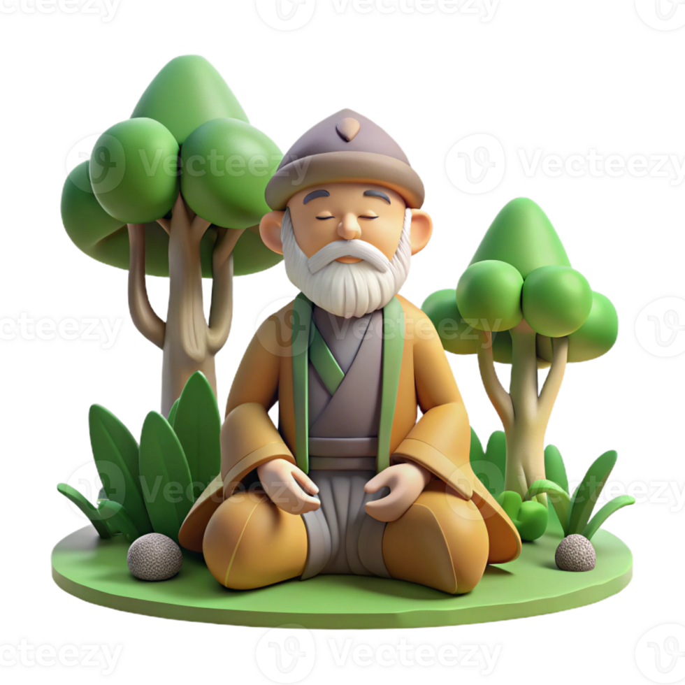 impressive creative A wise old hermit meditating in a secluded forest grove, soft, natural lighting, peaceful art style professional png