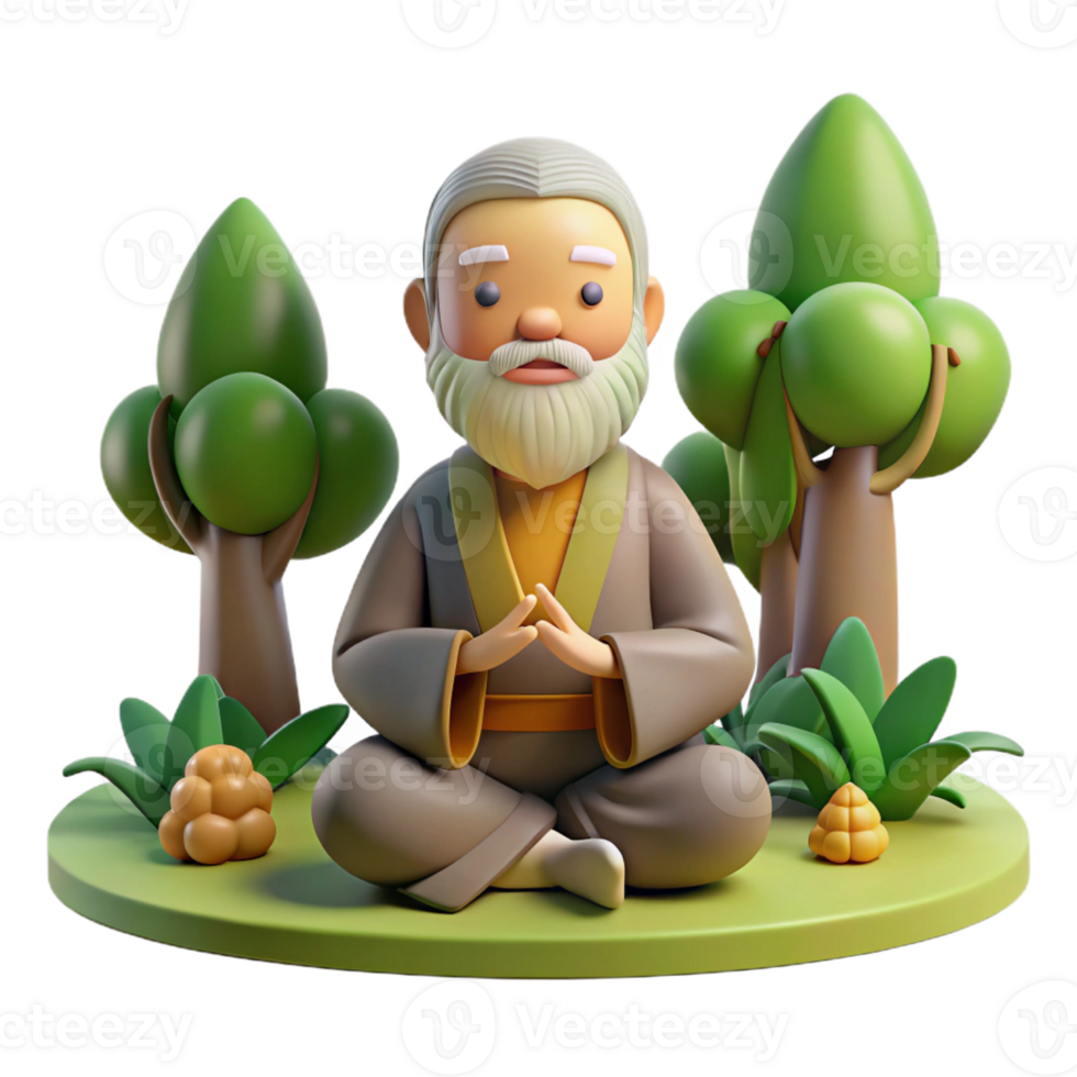 elegant abstract A wise old hermit meditating in a secluded forest grove, soft, natural lighting, peaceful art style high quality png