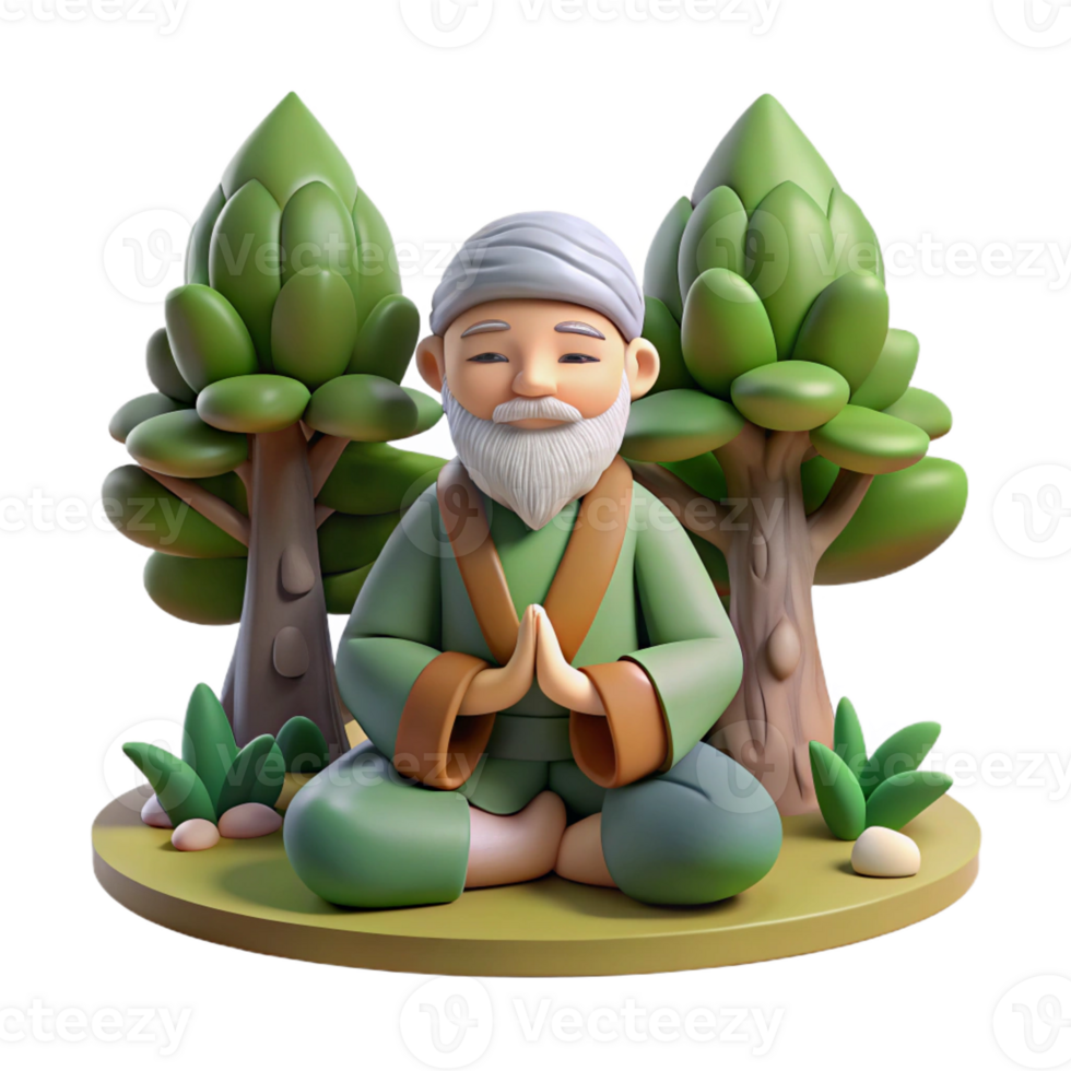 serene traditional A wise old hermit meditating in a secluded forest grove, soft, natural lighting, peaceful art style exclusive png