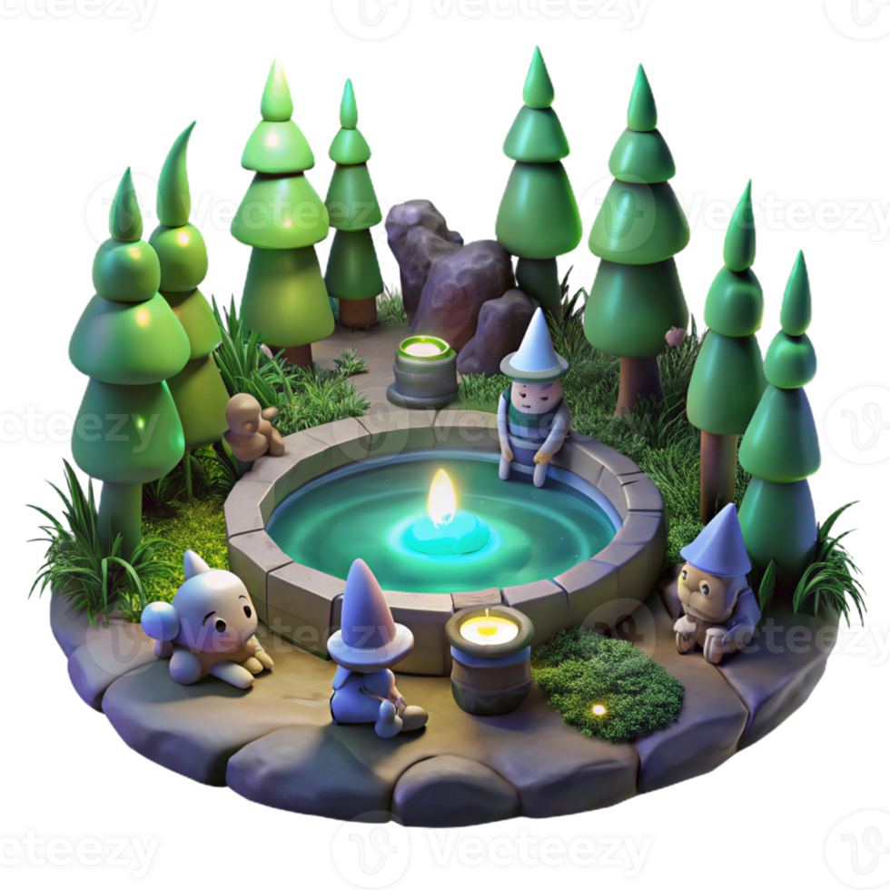 magnificent modern A group of forest creatures gathered around a mystical pool, magical, glowing lighting, enchanted forest style detailed png