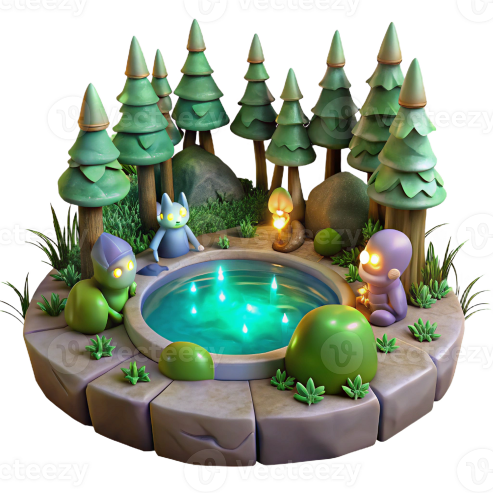 elegant modern A group of forest creatures gathered around a mystical pool, magical, glowing lighting, enchanted forest style authentic png