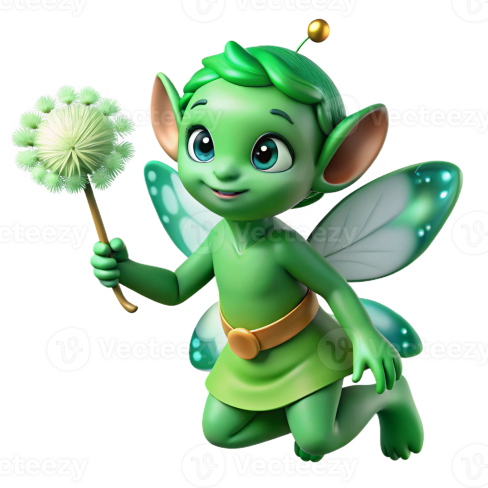magnificent traditional A mischievous forest sprite with emerald green skin and butterfly wings, holding a glowing dandelion seed, bathed in dappled sunlight. Impressionist style professional png