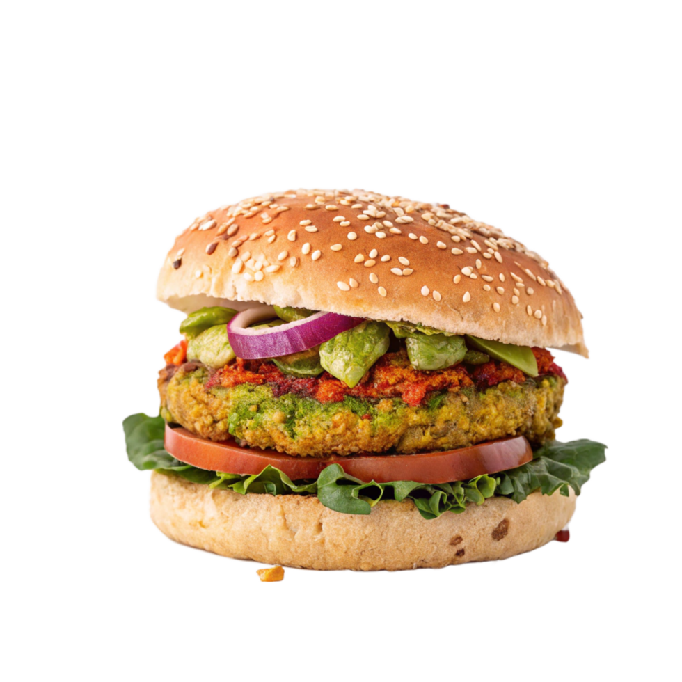 Delicious Vegetarian Green Pea Burger on Sesame Seed Bun with Red Onion and Tomato png