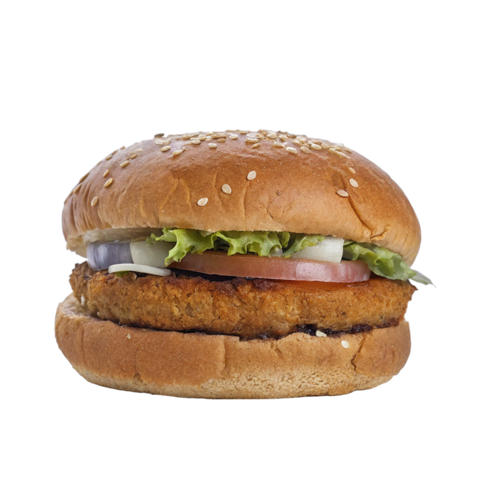 A Delicious Sesame Seed Bun Vegetarian Burger with Lettuce Tomato and Onion png