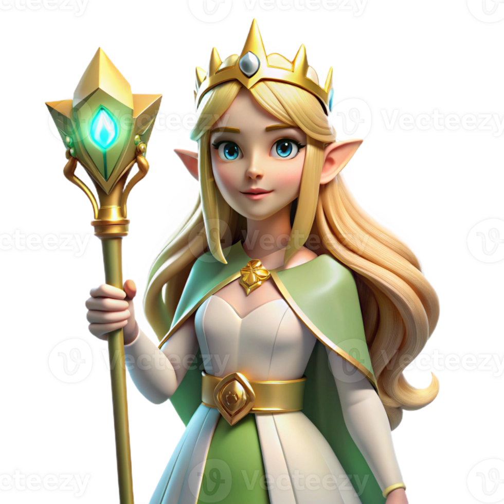 magnificent minimalist A graceful elven queen with flowing golden hair and a silver crown, holding a scepter adorned with a glowing gemstone. Art Deco style genuine png