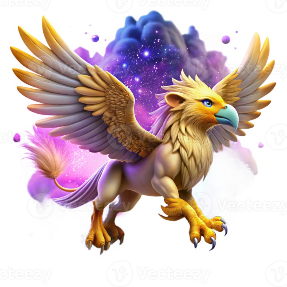 wonderful abstract A powerful griffin with golden feathers and piercing blue eyes, soaring through a swirling nebula of purple and pink. Digital painting style detailed png
