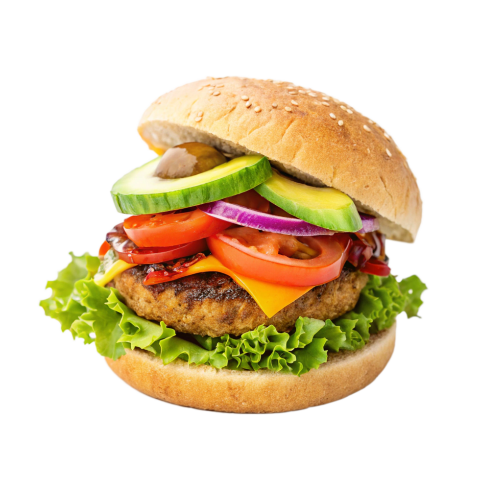 Juicy Delicious Gourmet Burger with Fresh Avocado Slices Red Onion Tomato and Lettuce png