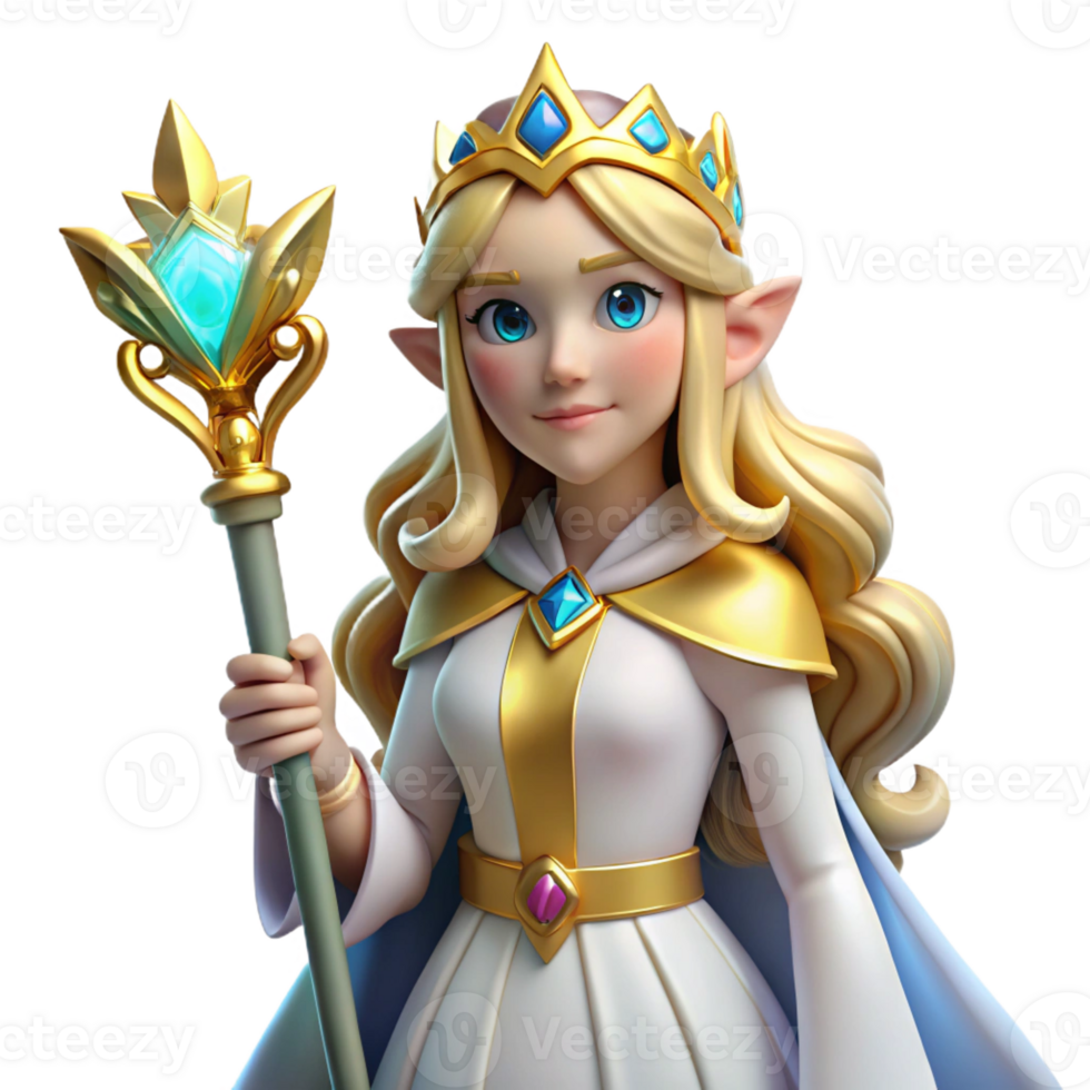 impressive artistic A graceful elven queen with flowing golden hair and a silver crown, holding a scepter adorned with a glowing gemstone. Art Deco style authentic png