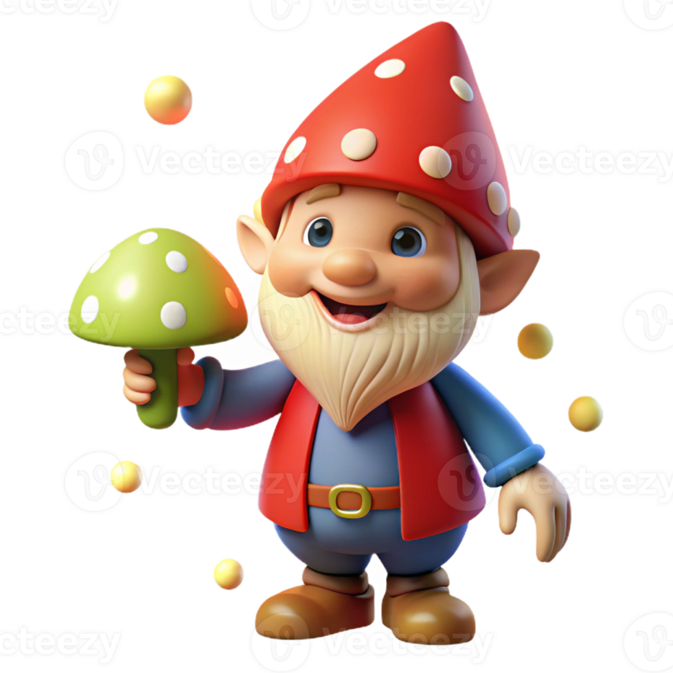 impressive rustic A whimsical gnome with a pointed red hat and a cheerful grin, holding a glowing mushroom, surrounded by fireflies. Cartoon style high resolution png