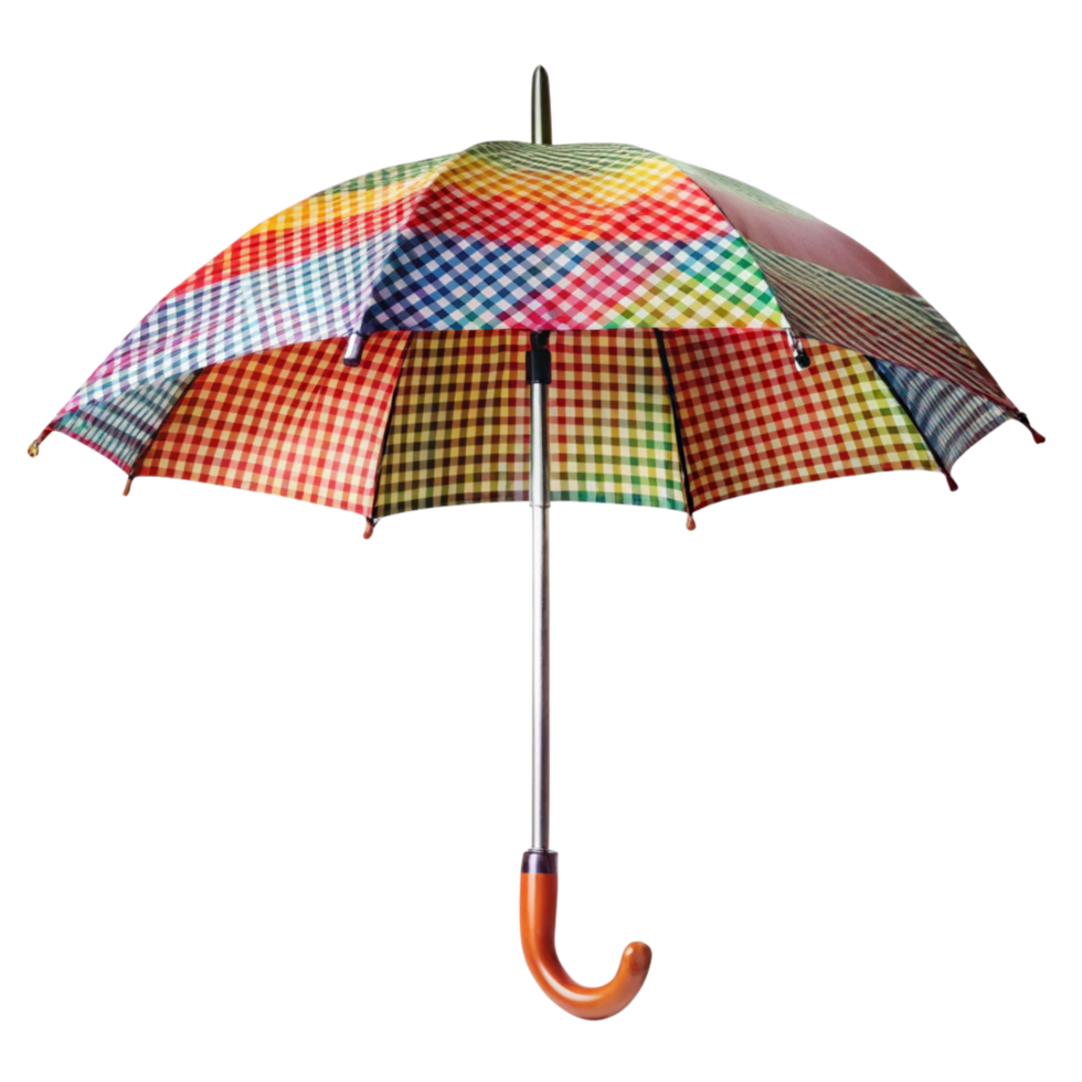 A Colorful Gingham Pattern Umbrella with a Wooden Handle Against a Black Background png
