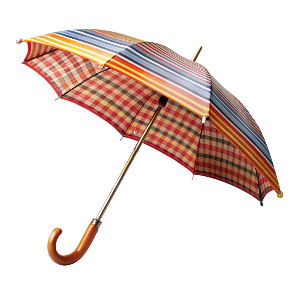 A Colorful Striped and Plaid Patterned Umbrella with Wooden Handle png