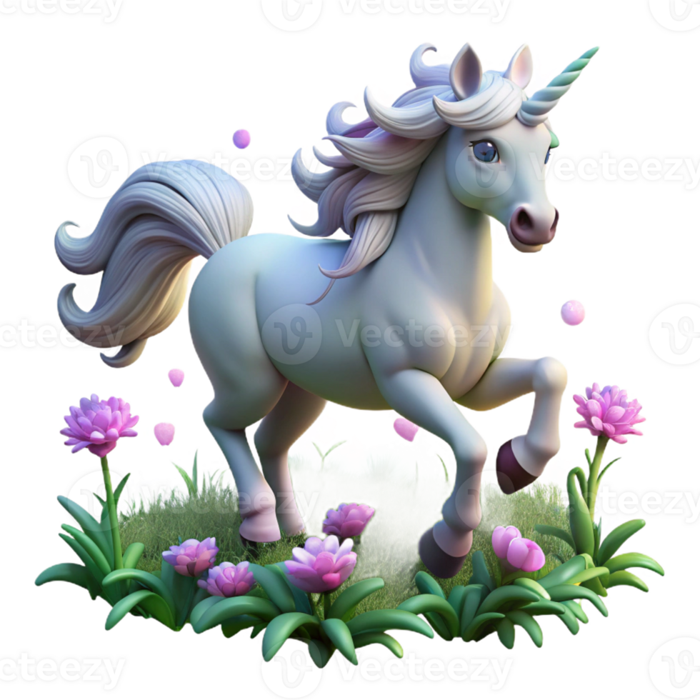 impressive creative A majestic unicorn with a silver horn and flowing white mane, galloping through a field of glowing flowers. Dreamlike style high resolution png