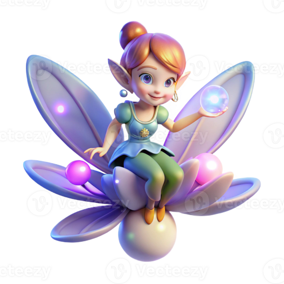 impressive modern A playful pixie with iridescent wings and sparkling eyes, perched on a glowing flower, surrounded by floating orbs of light. Fairy tale style premium png