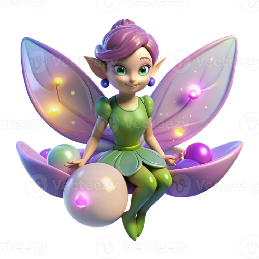 vibrant minimalist A playful pixie with iridescent wings and sparkling eyes, perched on a glowing flower, surrounded by floating orbs of light. Fairy tale style exclusive png