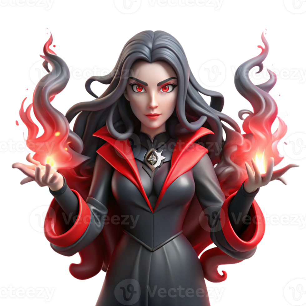 extraordinary rustic A mysterious sorceress with long black hair and piercing red eyes, casting a spell with glowing hands, surrounded by swirling smoke. Gothic style high quality png