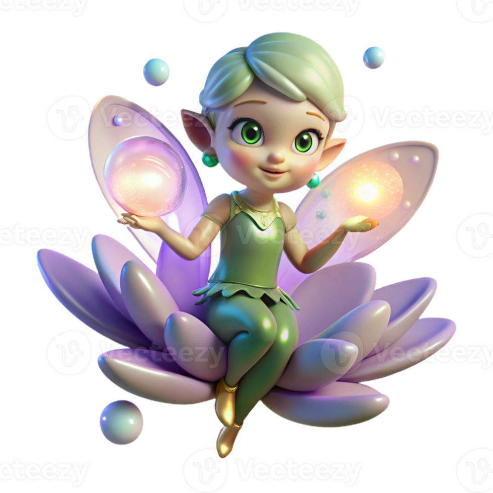 stunning vintage A playful pixie with iridescent wings and sparkling eyes, perched on a glowing flower, surrounded by floating orbs of light. Fairy tale style premium png
