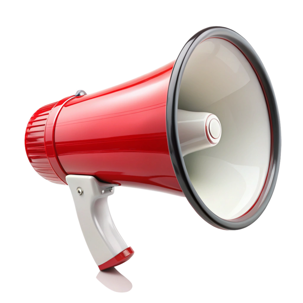 A vibrant red megaphone with a white handle and a large grey speaker isolated on a black background png