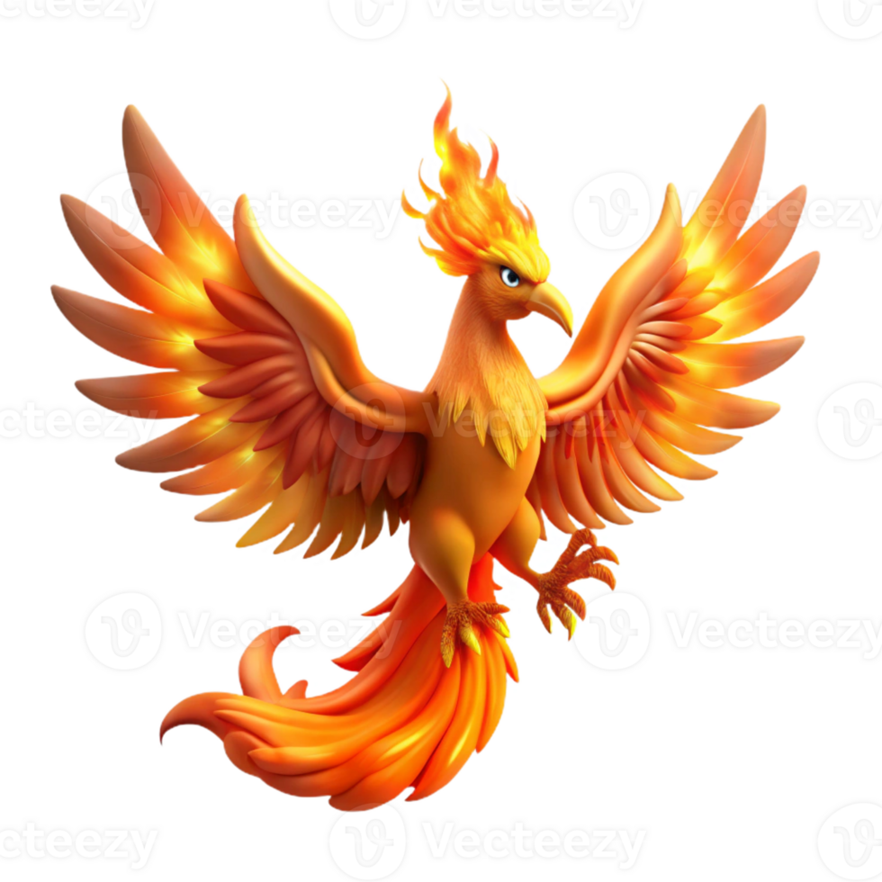 extraordinary modern A majestic phoenix with fiery wings and glowing eyes, rising from the ashes, illuminated by the flames. Rebirth fantasy style professional png