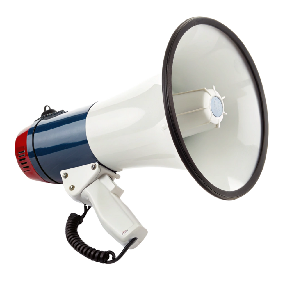 A powerful hand held megaphone with a coiled cord for announcements png