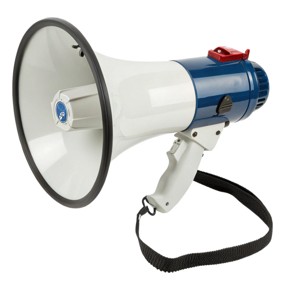 Highquality Blue and White Mega Phone with Adjustable Strap and Handle for Public Address System png