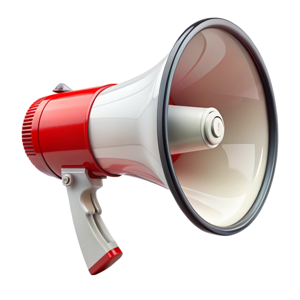 A detailed 3D rendering of a red and white megaphone isolated on black background png