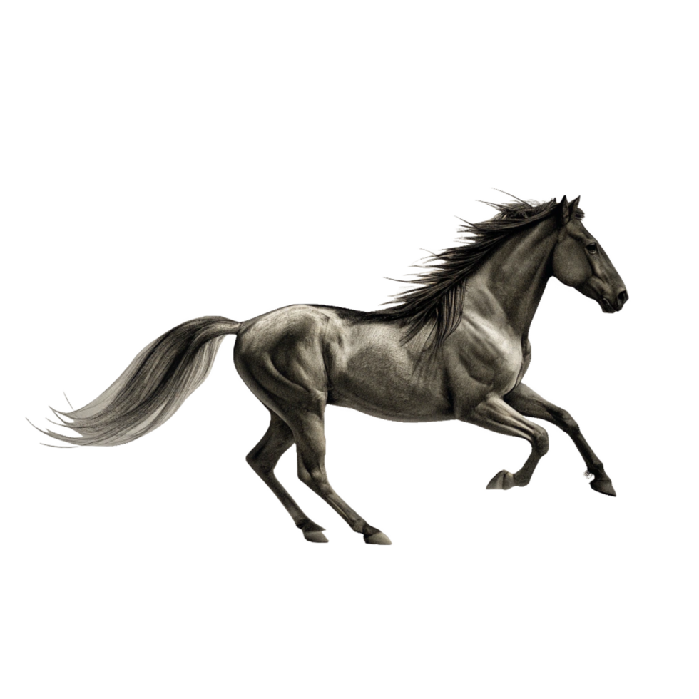 Majestic Black Stallion in Full Gallop Dynamic Pose Dark Background Horse Artwork png