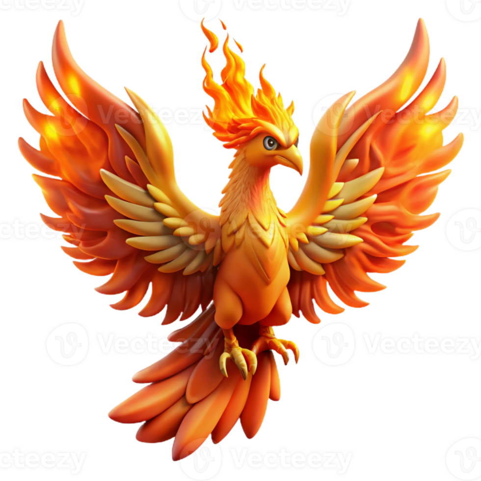 serene minimalist A majestic phoenix with fiery wings and glowing eyes, rising from the ashes, illuminated by the flames. Rebirth fantasy style 4K png