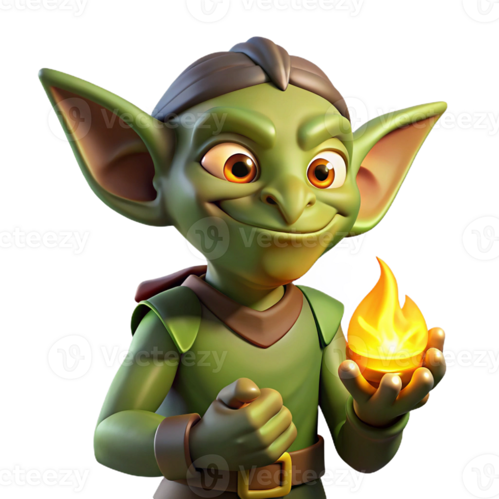 elegant abstract A cunning goblin with pointed ears and a mischievous grin, holding a stolen treasure, illuminated by the glow of a campfire. Trickster fantasy style high quality png