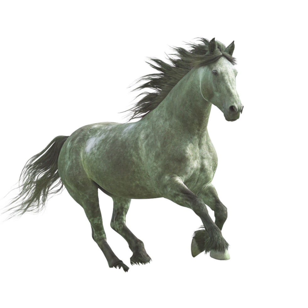 A Stunning Gray Dappled Horse in MidStride Against a Black Background png