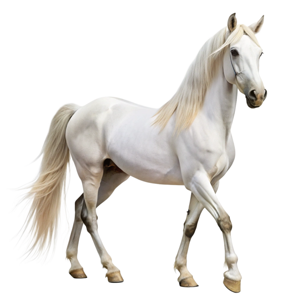 Majestic White Horse with Flowing Mane and Tail Isolated on Black Background png
