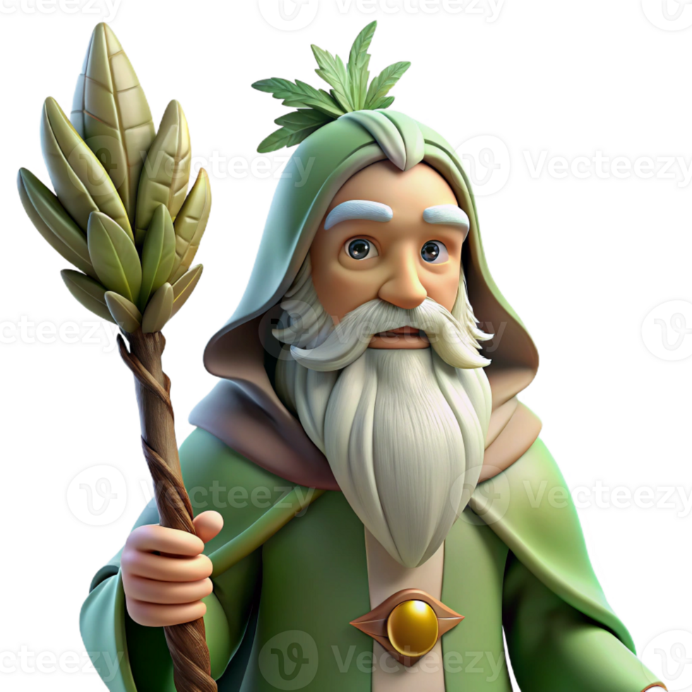 serene creative A wise old druid with a long white beard and a staff adorned with feathers, communing with nature, illuminated by the sunlight filtering through the trees. Nature fantasy style premium png