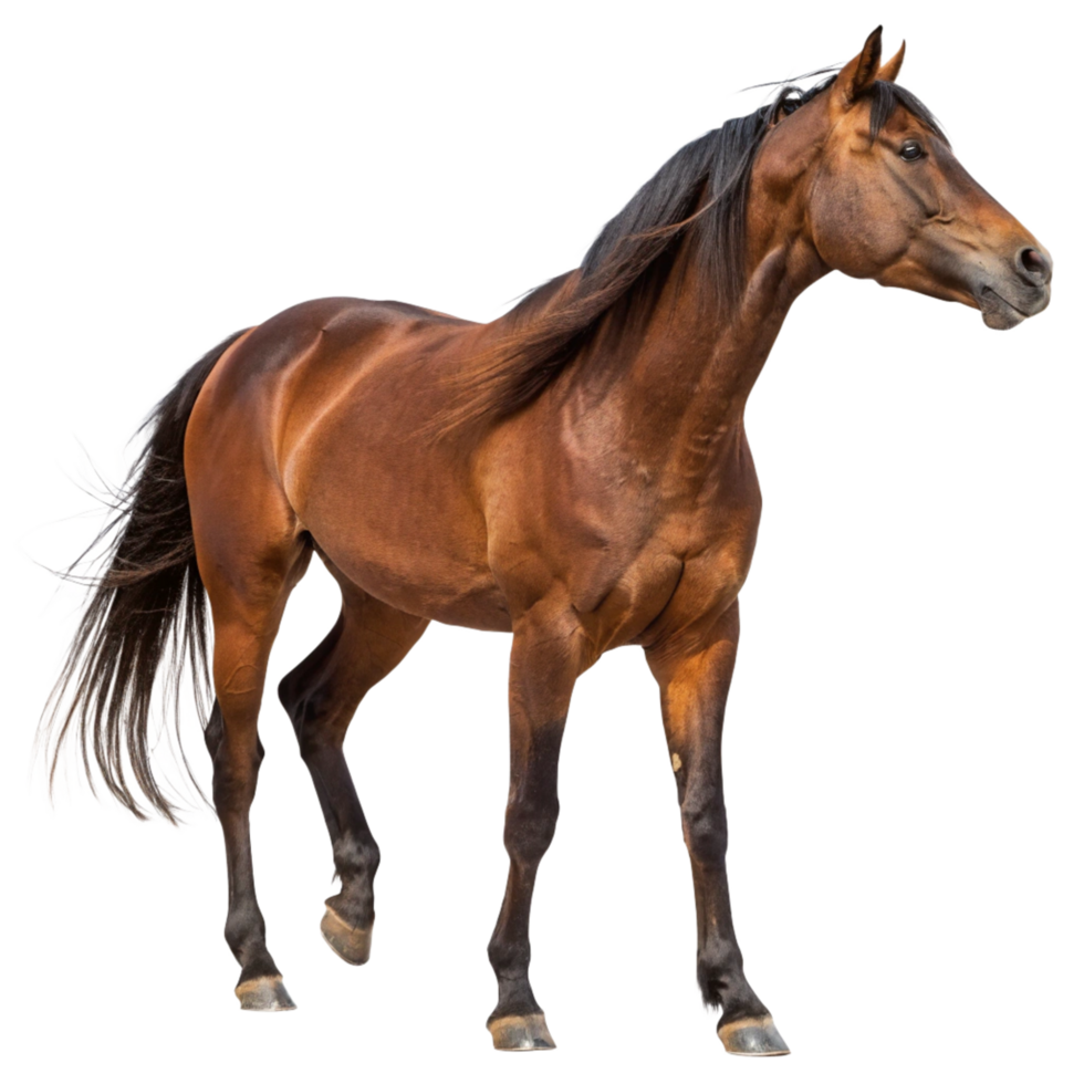 Stunning Brown Horse with Flowing Mane and Tail Against Black Background png