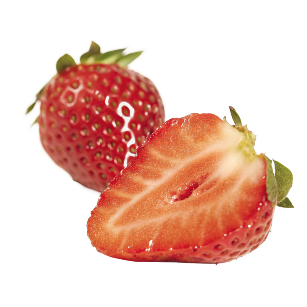 Closeup of a whole strawberry and a sliced strawberry showing juicy red flesh and green leaves png