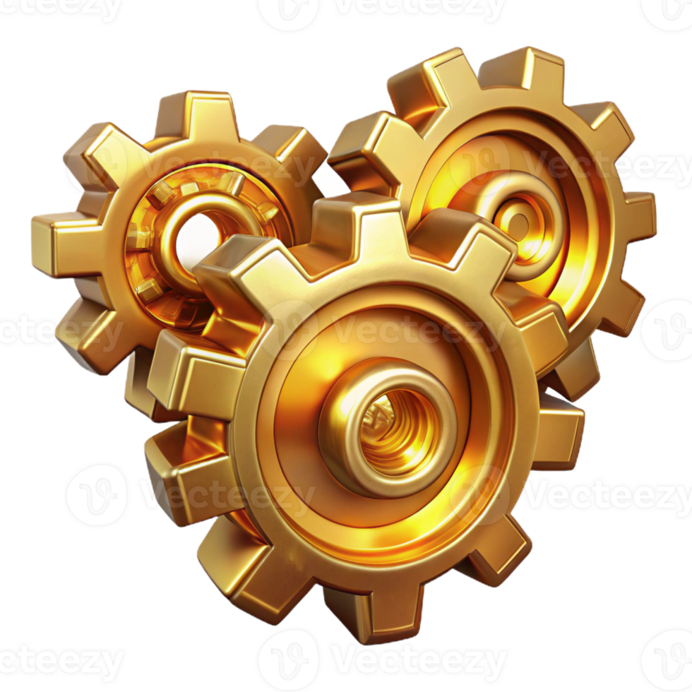 impressive contemporary Interlocking gears and cogs made of polished brass, intricate and detailed, steampunk style, illuminated by a warm, golden light high quality png