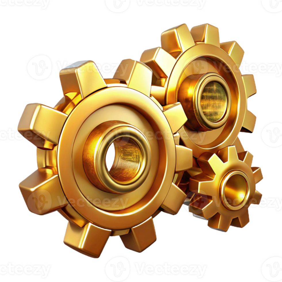 impressive artistic Interlocking gears and cogs made of polished brass, intricate and detailed, steampunk style, illuminated by a warm, golden light professional png