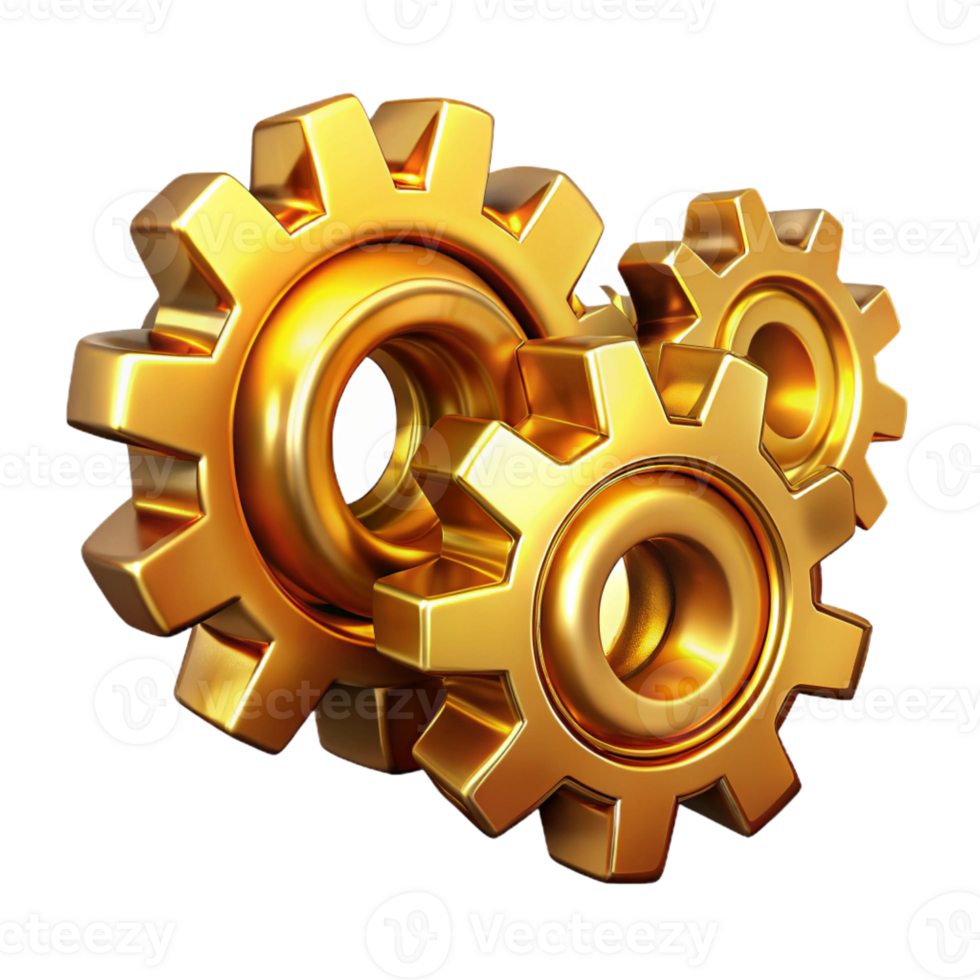 elegant rustic Interlocking gears and cogs made of polished brass, intricate and detailed, steampunk style, illuminated by a warm, golden light authentic png