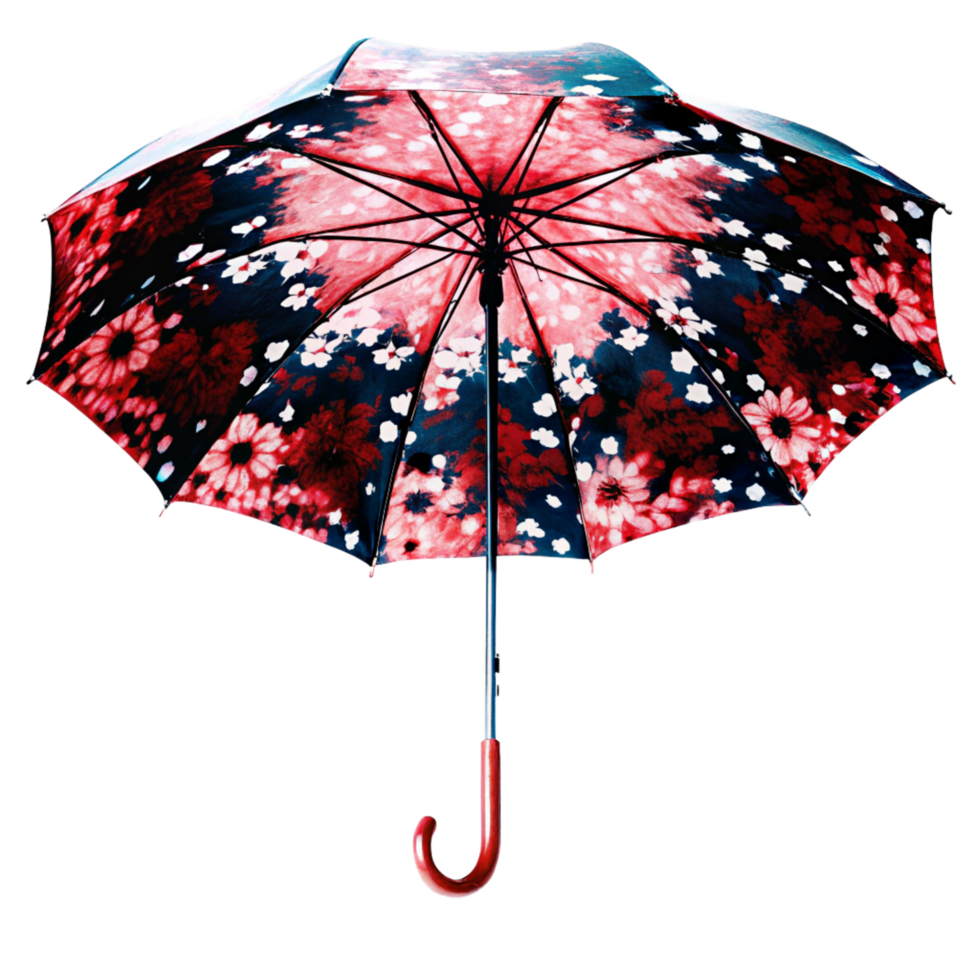 A Stunning Red and Black Floral Umbrella with a Red Handle, Perfect for Rainy Days png