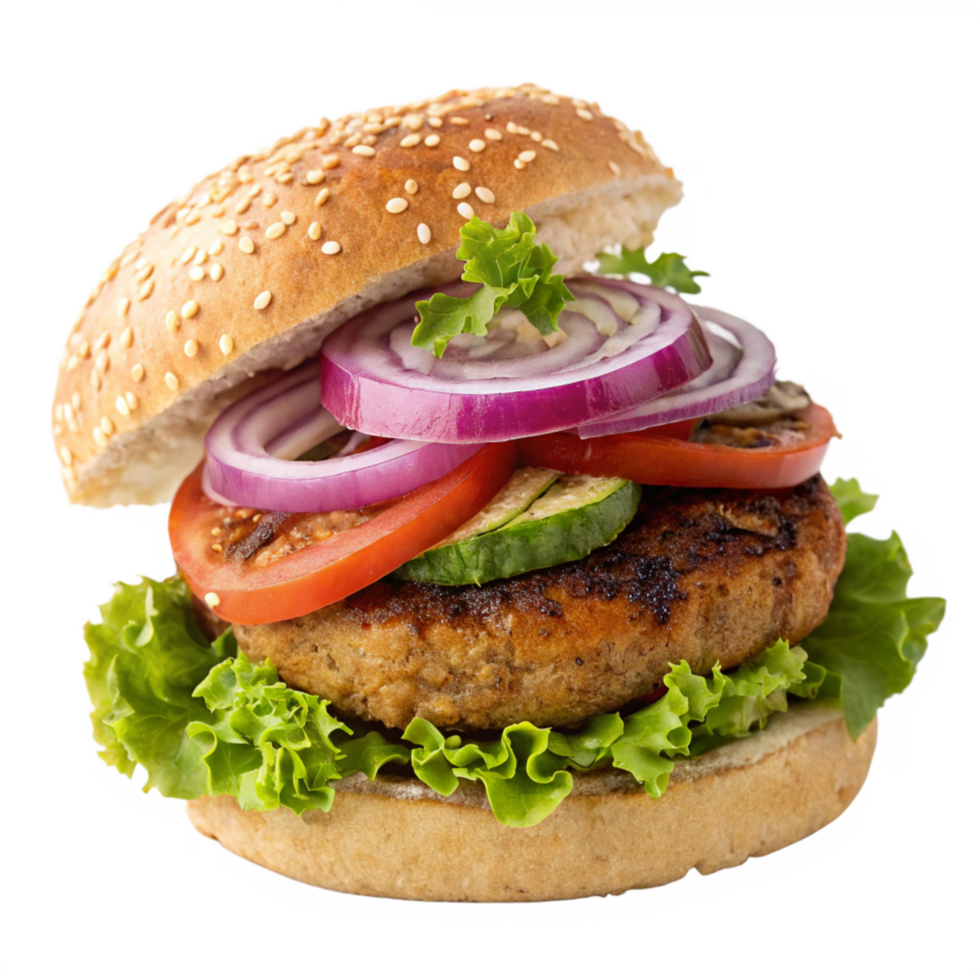 Juicy Grilled Chicken Burger with Sesame Seed Bun and Fresh Vegetables png