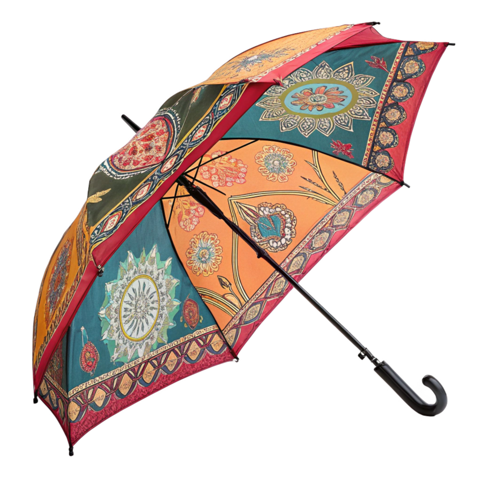 A vibrant and colorful patterned umbrella with intricate designs and rich colors png