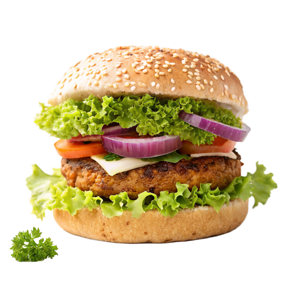 Juicy Grilled Burger with Sesame Bun Topped with Lettuce Red Onion Tomato and Cheese png