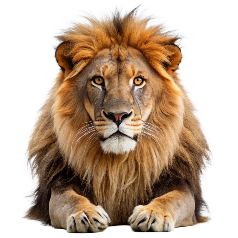Majestic African Lion Close Up Portrait Showing Powerful Paws and Golden Mane png