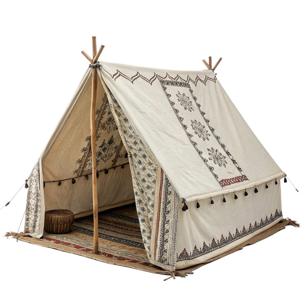A charming bohemian style canvas tent with wooden poles and intricate block printed patterns png
