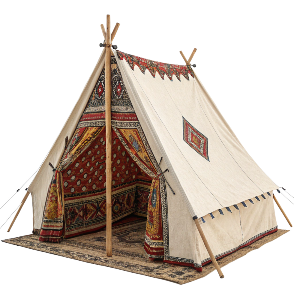 Ornate MedievalStyle Teepee Tent with Intricate Red and Gold Tapestries png
