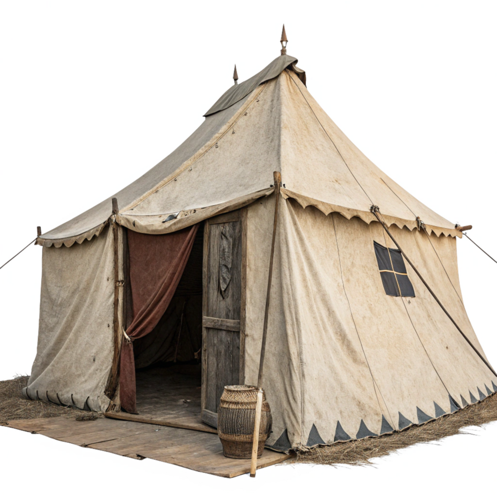 MedievalStyle Canvas Tent with Wooden Door and Decorations png