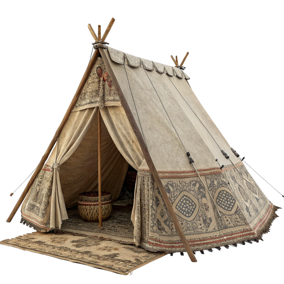Authentic Vintage Nomadic Tent with Intricate Textile Designs and Wooden Poles png