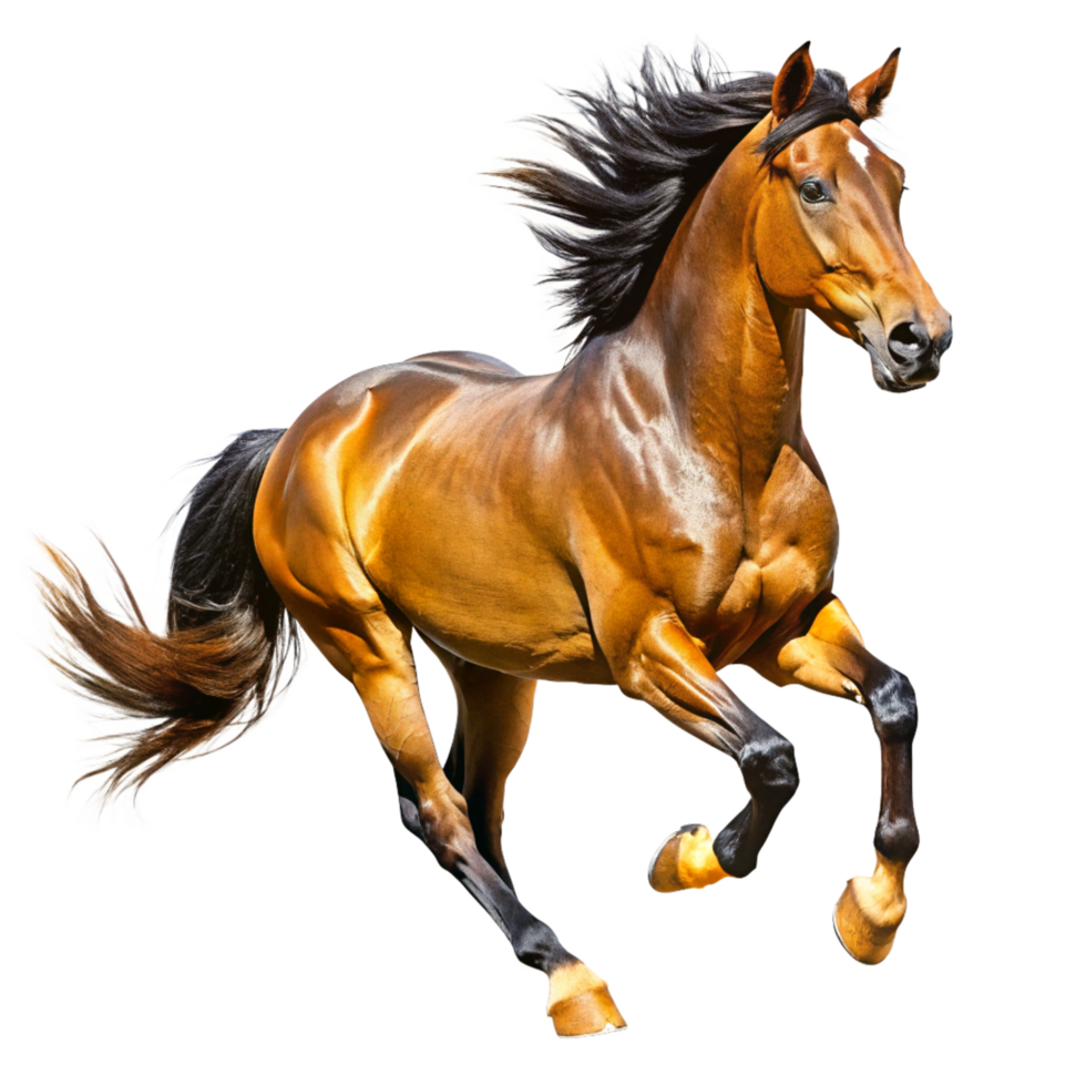 Stunning Chestnut Horse in Motion Against Black Background, Dynamic Pose, Flowing Mane and Tail png