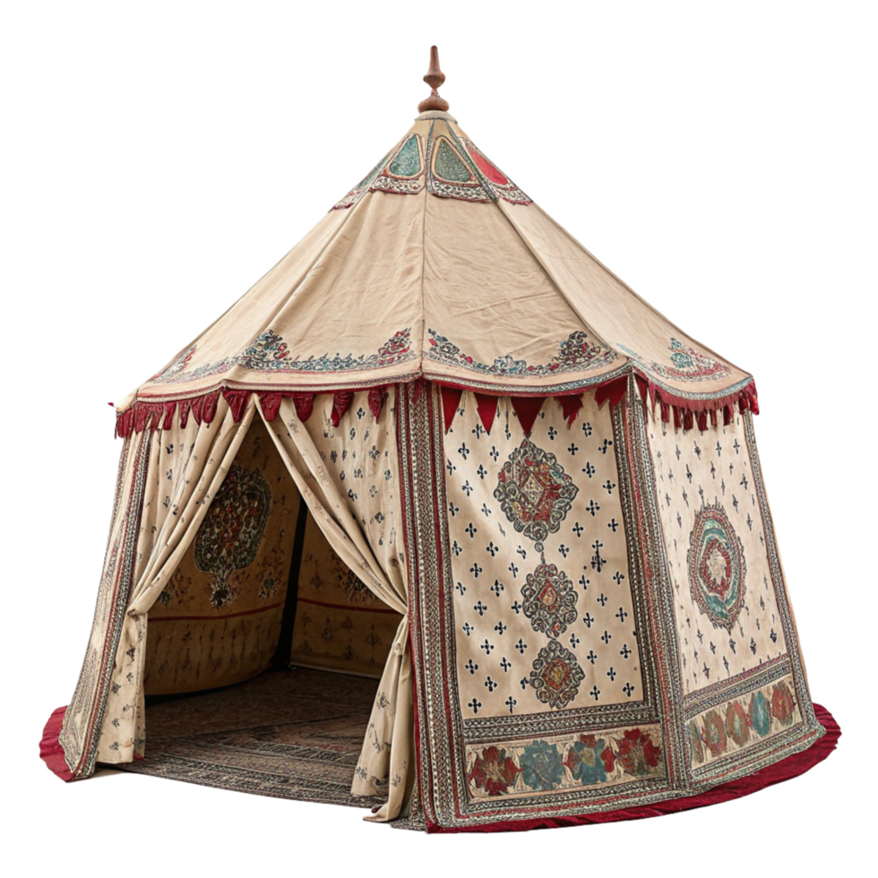 Ornate Vintage MughalStyle Tent with Intricate Embroidery and Floral Patterns png