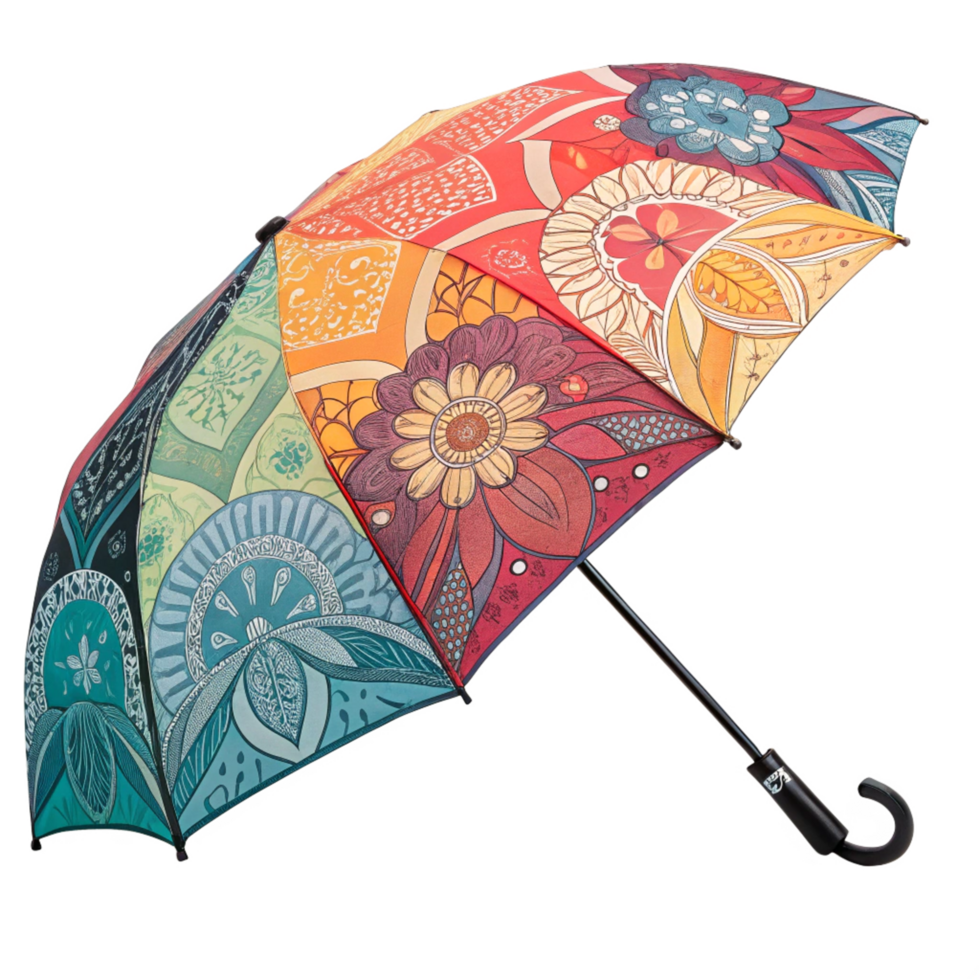 A vibrant and colorful floral patterned umbrella with a unique design png